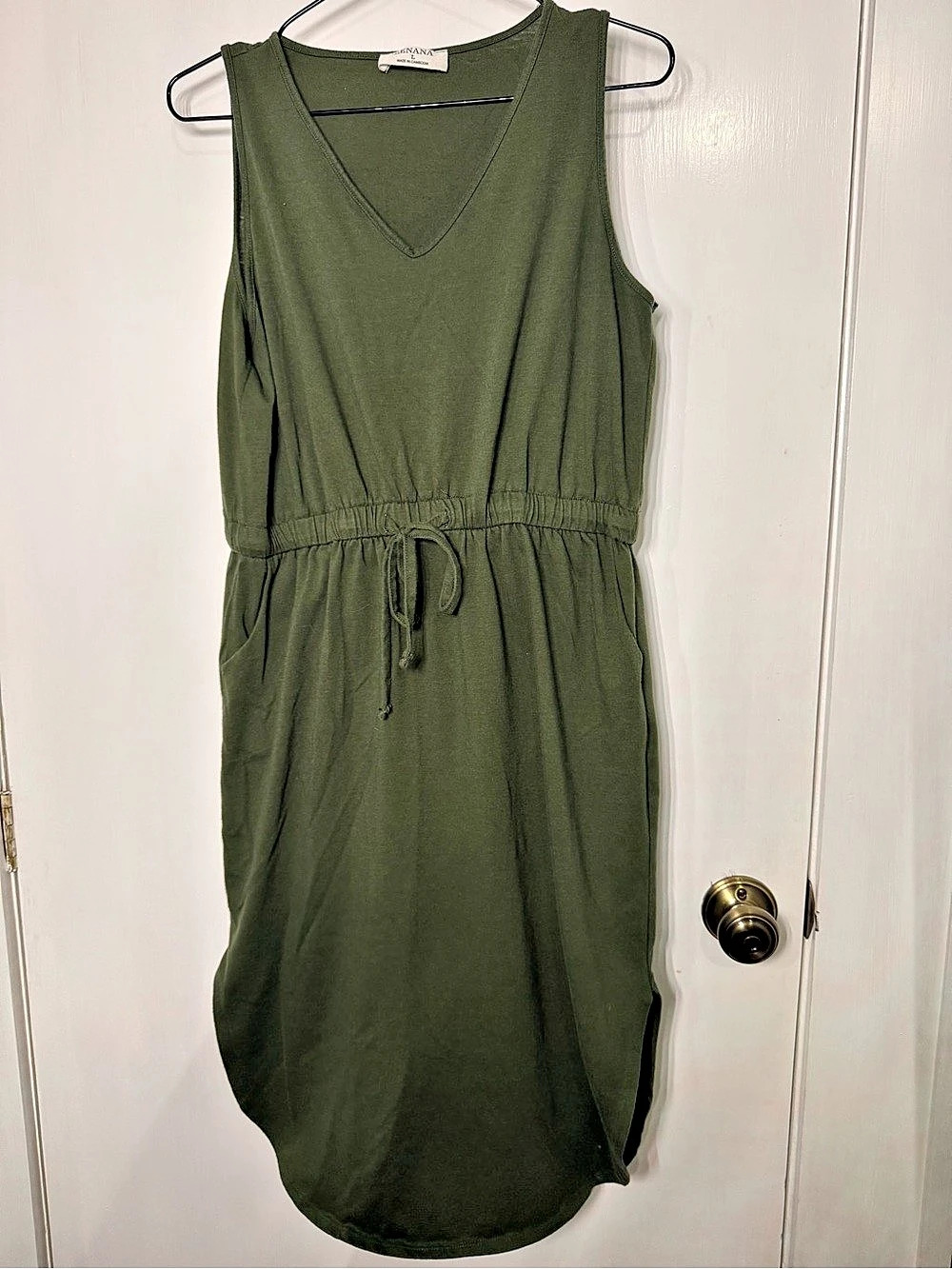 Zenana Olive Green Sleeveless Pocket Midi Dress Drawstring Waist